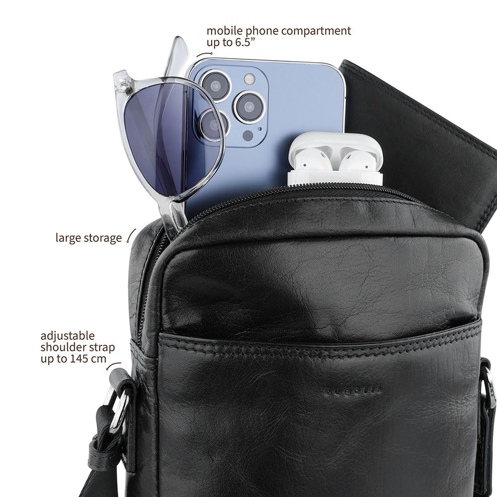 bugatti Savona Set Schultertasche & Geldbörse aus Büffelleder, Geldbeutel RFID-Schutz, Umhängetasche & Portemonnaie mit Stoffbeutel