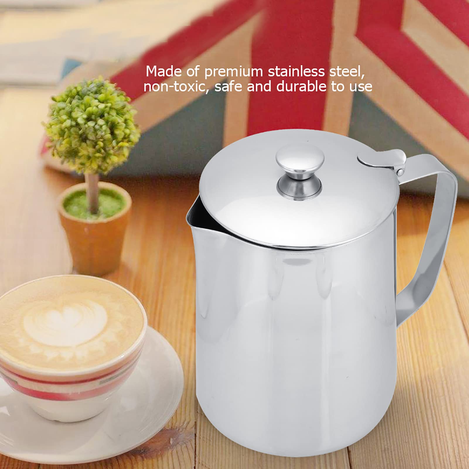 Jarra para Espumar, Taza de café de Acero Inoxidable, Jarra para Espumar Leche, Taza para Espumar café con Tapa para Arte de café con Leche (2000ml)