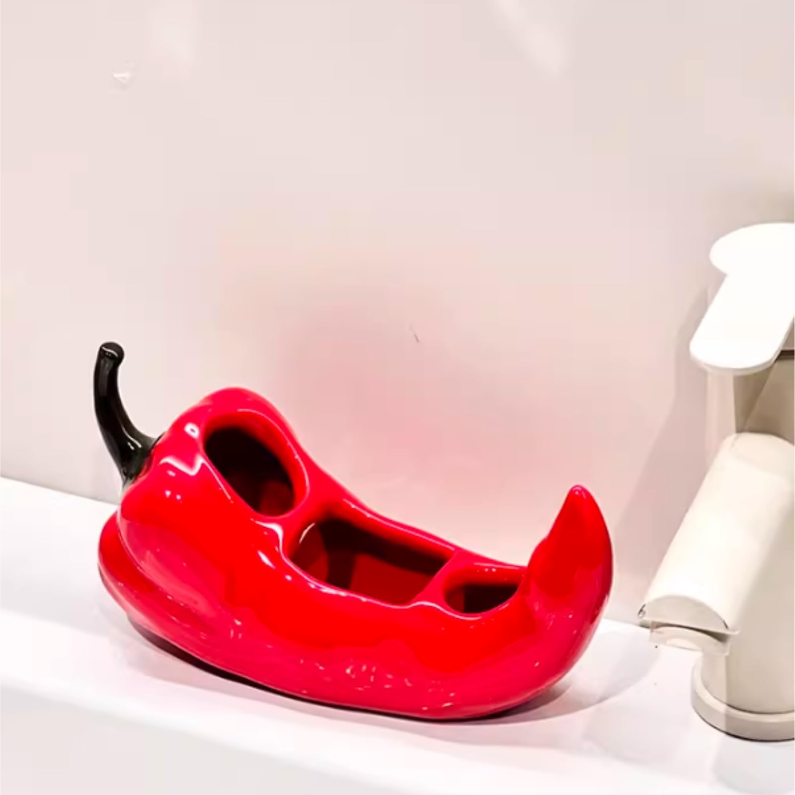 Porta Spazzolino Decorazione, Portaspazzolino Da Appoggio A Forma Di Peperoncino For Vanità In Ceramica Bagno Multifunzione Moderno(Rot)