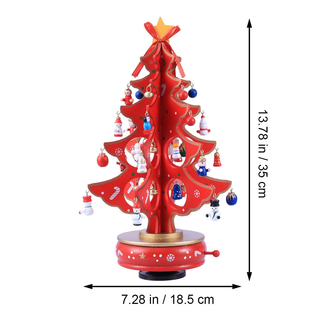 Cabilock Christmas Tree Classic Music Box Wooden Clockwork Design Christmas Tree With Snowman Pendants Miniature Handmade Melody Box Ornaments for Holiday Festival Red - Image 3