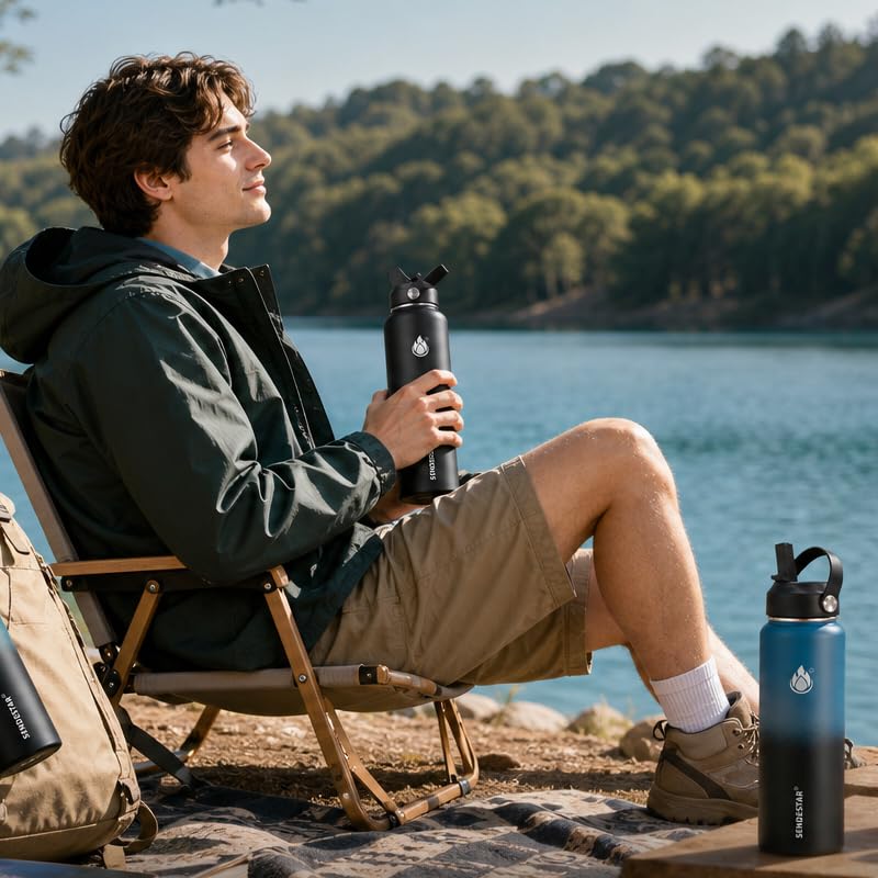 Image of SENDESTAR Insulated Water Bottle 24 OZ, Wide Mouth 24 oz Water Bottle with Straw Lid, Spout Lid, Double Wall Vacuum Stainless Steel Leak Proof, Keeps Liquids Hot or Cold (Black)