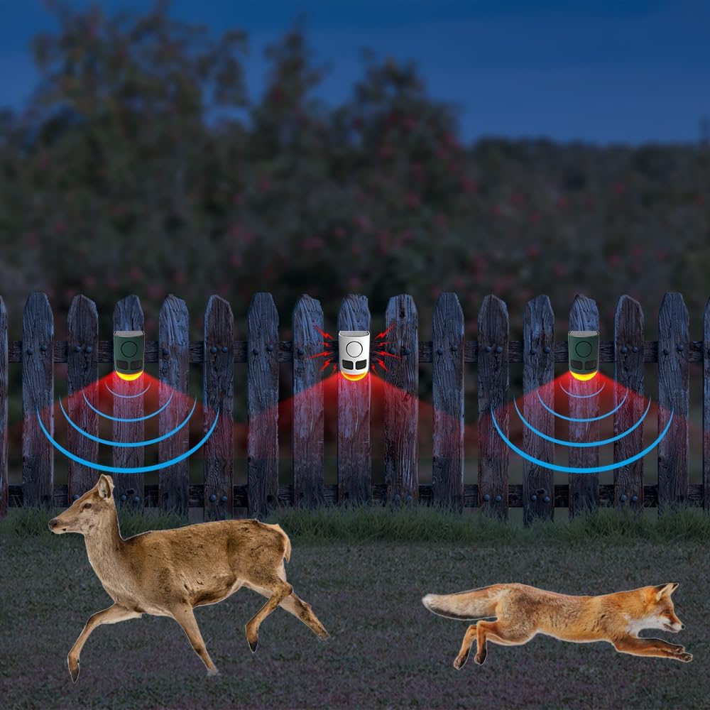 Solar Motion Sensor Alarm Outdoor - 129dB Loud Sound Noise Maker ,Multi-Band high-Frequency Ultrasound Motion Detector ,with Strobe Light， for Yard Farm Garden (2 Pack)