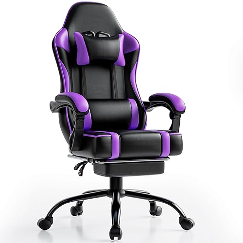 Gaming Chair, Computer Chair with Footrest and Lumbar Support, Ergonomic Video Game Chair with Headrest, Height Adjustable Gamer Chair Office Desk Chair, Purple - Purple - Flat Cushion