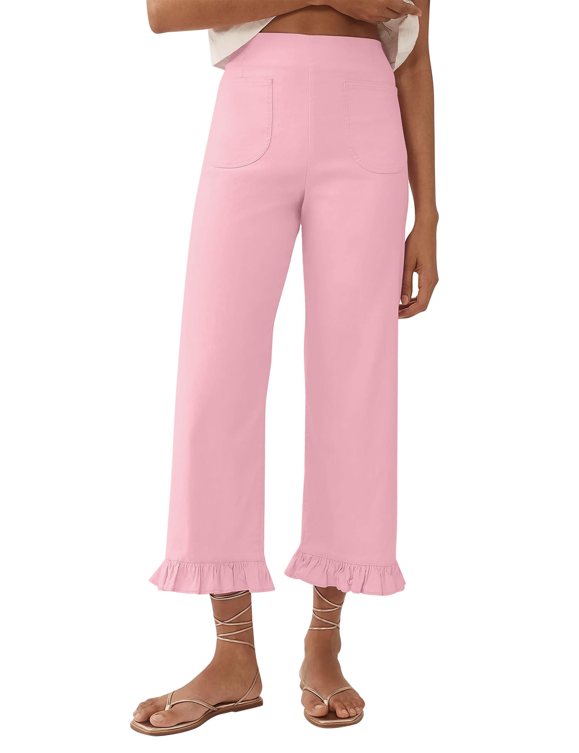 Womens Plaid Flare Pants Summer Casual Gingham Elastic Waist Ruffle Cropped Hem Y2K Loose Fit Trousers with Pockets