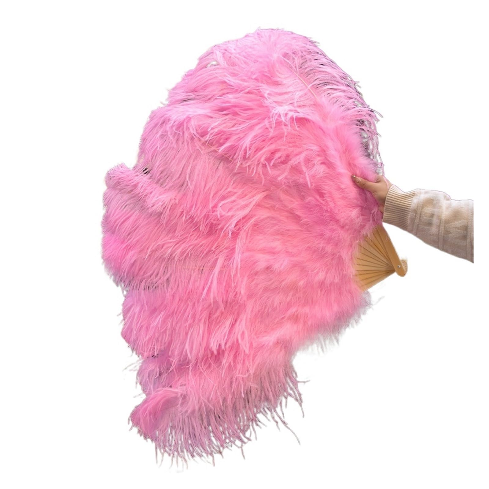 Éventail en plumes d'autruche rose de 100cm et 130cm pliable pour la danse du ventre