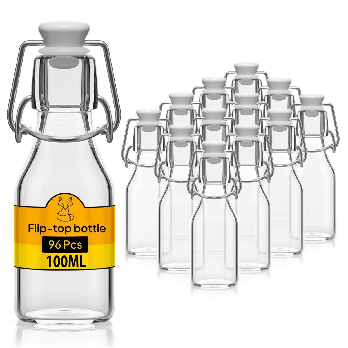 Set di 96 Bottiglie in Vetro da 100ml con Chiusura Ermetica - Bottiglia per Olio, Vino, Liquori, Acqua, Birra, Succhi di Frutta, Conserve e Latte - Bottigliette di Vetro piccole