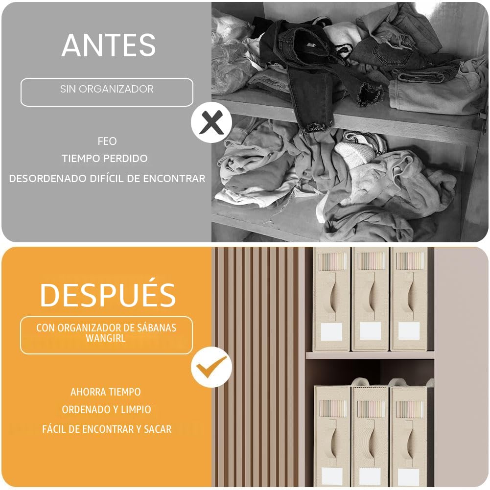 6 Piezas Caja Organizador Sabanas Armario, Organizador Armario Ropa Lino Plegable para Frazada y Sabanas, Caja de Almacenamiento que se Puede Guardar Debajo de la Cama o en un Cajón - Beige