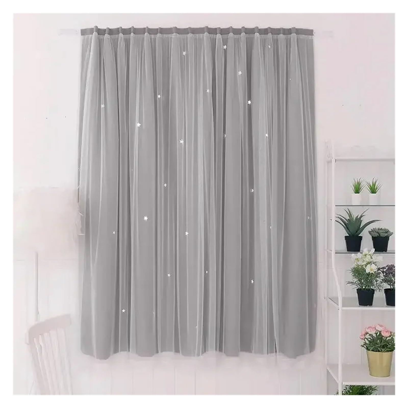 Cgrsdsd Grey Voile Curtains Punch Window Curtains Hollow Star Blackout Curtain Drapes No-Punch Easy To Install(,Stick_w100xh100cm 1Pc)