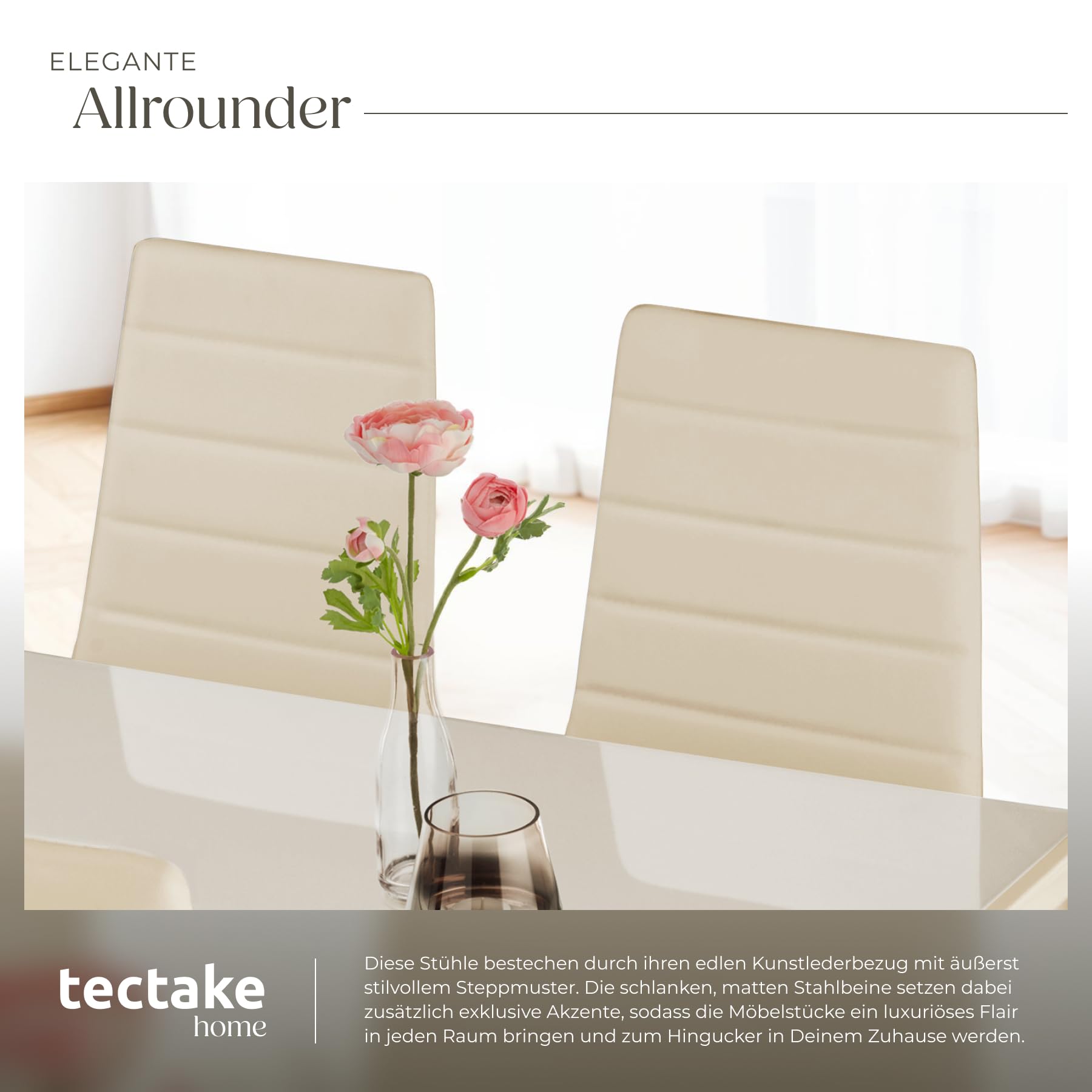 tectake® 4er Set Esszimmerstühle, Stuhl mit hoher Rückenlehne, 45 x 48 x 98,5 cm, Küchenstühle, Stühle für Esstisch, Esszimmer, Dining Table, Vorzimmer Möbel Set gepolstert - beige