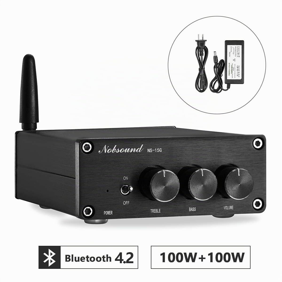 Nobsound TPA3116 Amplificateur numérique Bluetooth 5.0, 200 W (2 x 100 W), HiFi, stéréo, Classe D, avec Alimentation