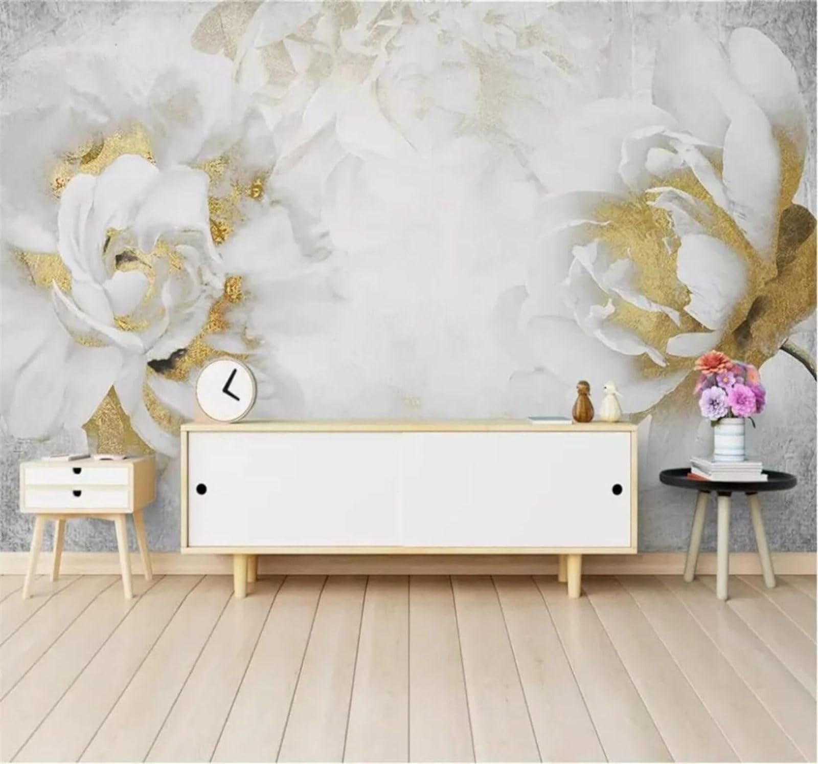 Xlming 430Cm×300Cm(B×H) Exquisite Garden Flowers Golden Roses 3D Wallpaper Silky Texture Home Study Office Grey Dining Room Sofa Bedroom Living Room Tv Backdrop-430Cm×300Cm