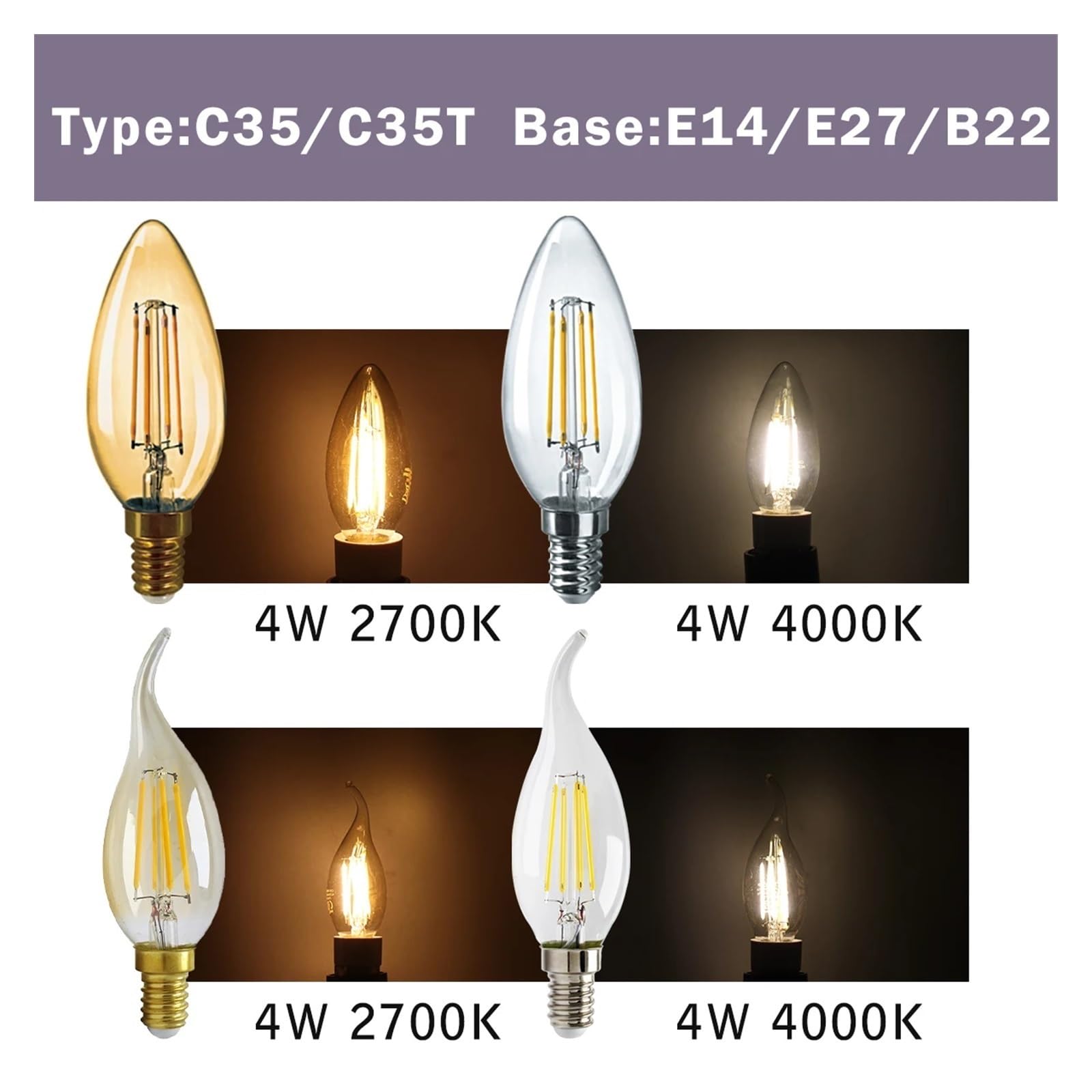 Genérico Bombilla LED de filamento (2 Unidades, E14, E27, C35, C35T, ST64, G80, A60, 220 V, 4 W, 9 W, Blanco cálido, Cristal, 360 Grados, Estilo Vela Retro, iluminación (G95, E27, 2700 K).