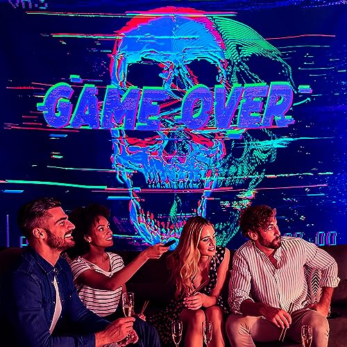 OSVINO Blacklight Skeleton Tapestry 59"x51" GAME OVER UV Reactive Wall Hanging Neon Skull Hippie Posters for Halloween Eastern Backdrop Bedroom Dorm Living Room Decor - Image 5