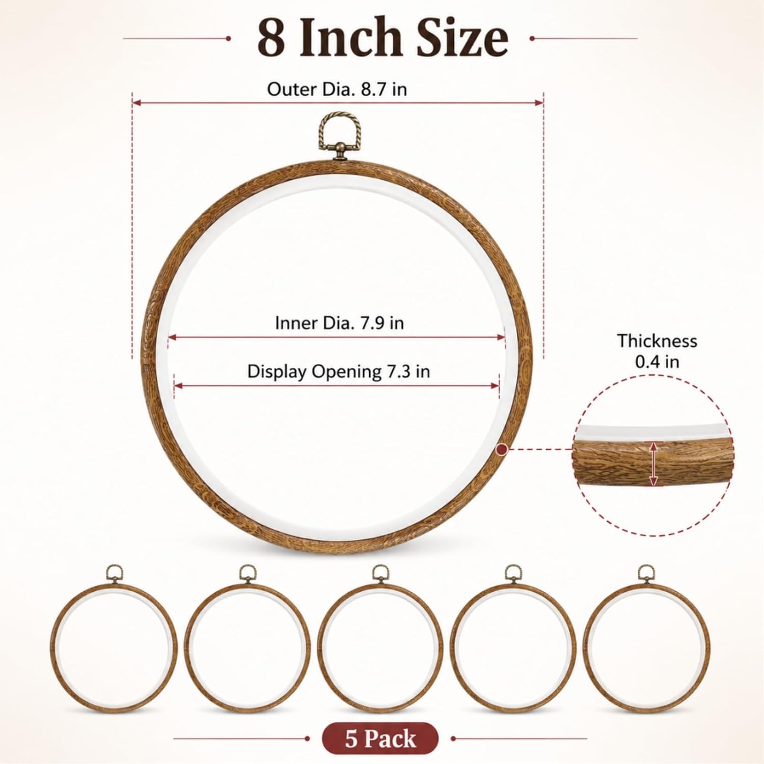 Embroidery Hoops 8 Inch Cross Stitch Hoop Faux Wood Round Frame 5 Pack | 8 inch faux wood round embroidery hoops 5 pack with double ring fabric hold for cross stitch and wall display