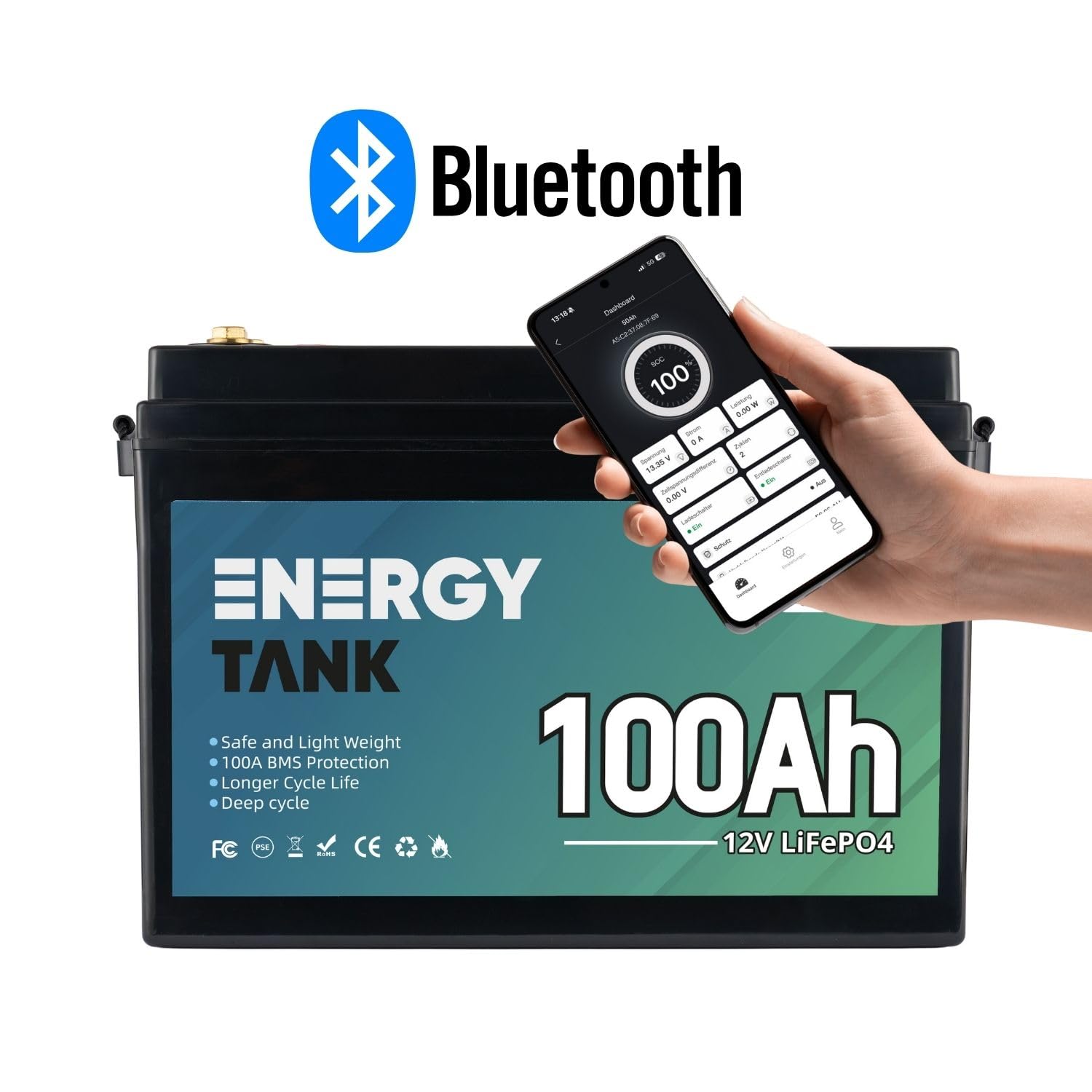 Batteria LiFePO4 12V 100Ah Smart Bluetooth con BMS Integrato IP67 | Batteria al litio ferro fosfato a ciclo profondo, oltre 3000 cicli e capacità utile al 100%