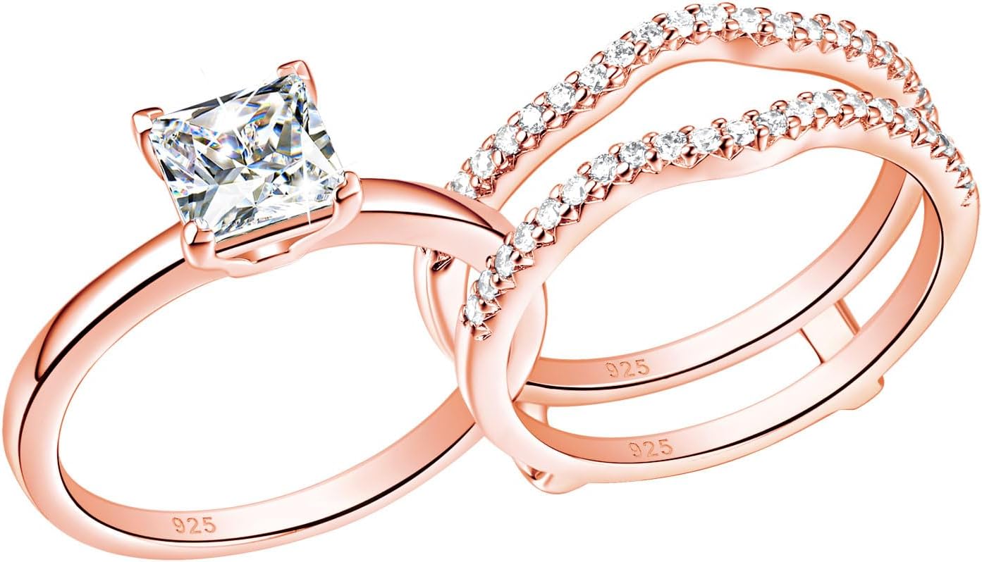 SHELOVES Solitaire Princess CZ Engagement Rings Set for Women Wedding Rings Enhancers band 925 Sterling Silver 4-13