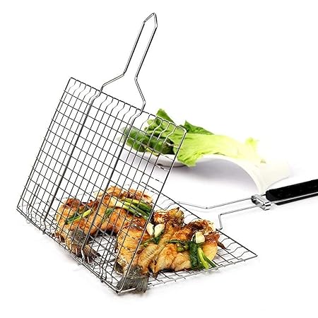 JFUIOTU Portable Barbecue BBQ Grill Net Basket Roast Grilling Tray Chromium Plated with Wooden Handle (Big)