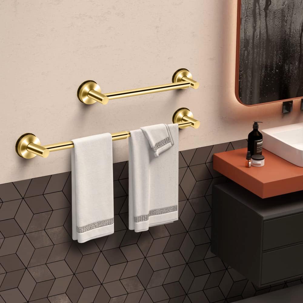 MGahyi Towel Racks for Bathroom, Adjustable Suction Cup Towel Bar, Stainless Steel Towel Bar for Bathroom Wall, Glass Door, Tile, Extendable No Drill Bath Shower Towel Holder (2, Gold, 14.6-24Inch)