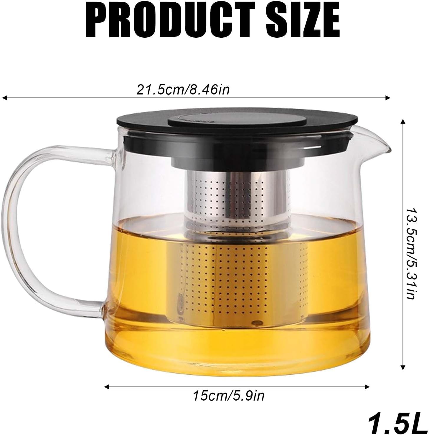 OCEANO Teiera in Vetro Borosilicato 1,5l Resistente al Calore Adatto Fornello Gas Colino The Filtro Acciaio Rimovibile Coperchio Infusore Fiamma Viva Caraffa Termica per Tè Polvere Infusi Erbe Foglie