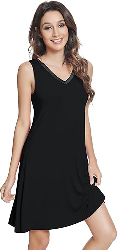 NACHILA Nightgowns for Women-Viscose Made from Bamboo, Sleeveless Sleep Dress Soft Nightshirts Satin V Neck Sleepshirts