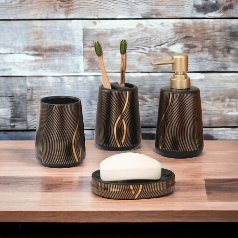 Whizzo® Ceramic Bathroom Accessories Set Ceramic - 4 Pieces Bathroom Accessories Set Soap Dispenser, Toothbrush Holder, Tumbler, Soap Dish, The Best Gifting Choice (Black) (B0CVN3K73P) Amazon Price History, Amazon Price Tracker