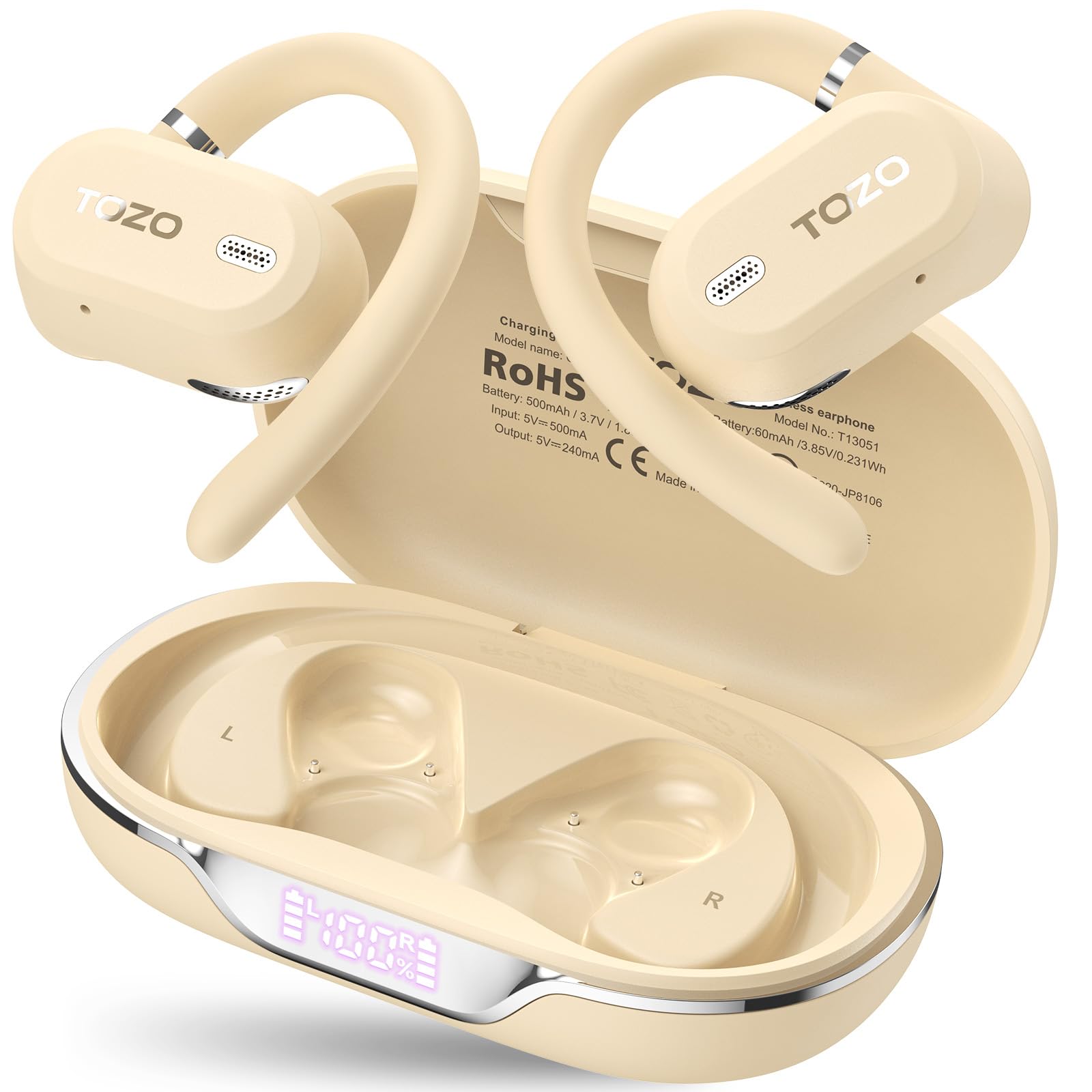 TOZO OpenWear Kabellose Bluetooth-Kopfhörer, ENC-Anrufe, 14,2mm Treiber, 38 Std Wiedergabe,LED-Anzeige,kraftvolle Bässe,drehbarer Haken,Doppelachse, Schnellladung, Khaki