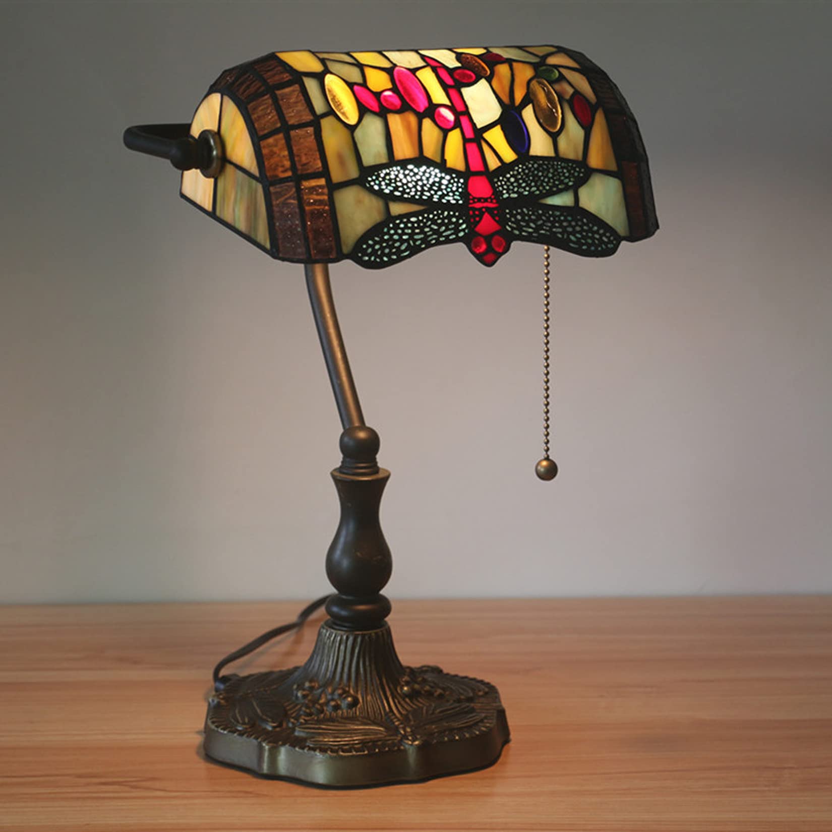 Lampada da banchiere, lampada a forma di libellula, lampada, lampada da comodino in vetro colorato, lampada da tavolo antica per pianoforte da lettura per ufficio per soggiorno camera da letto (B)