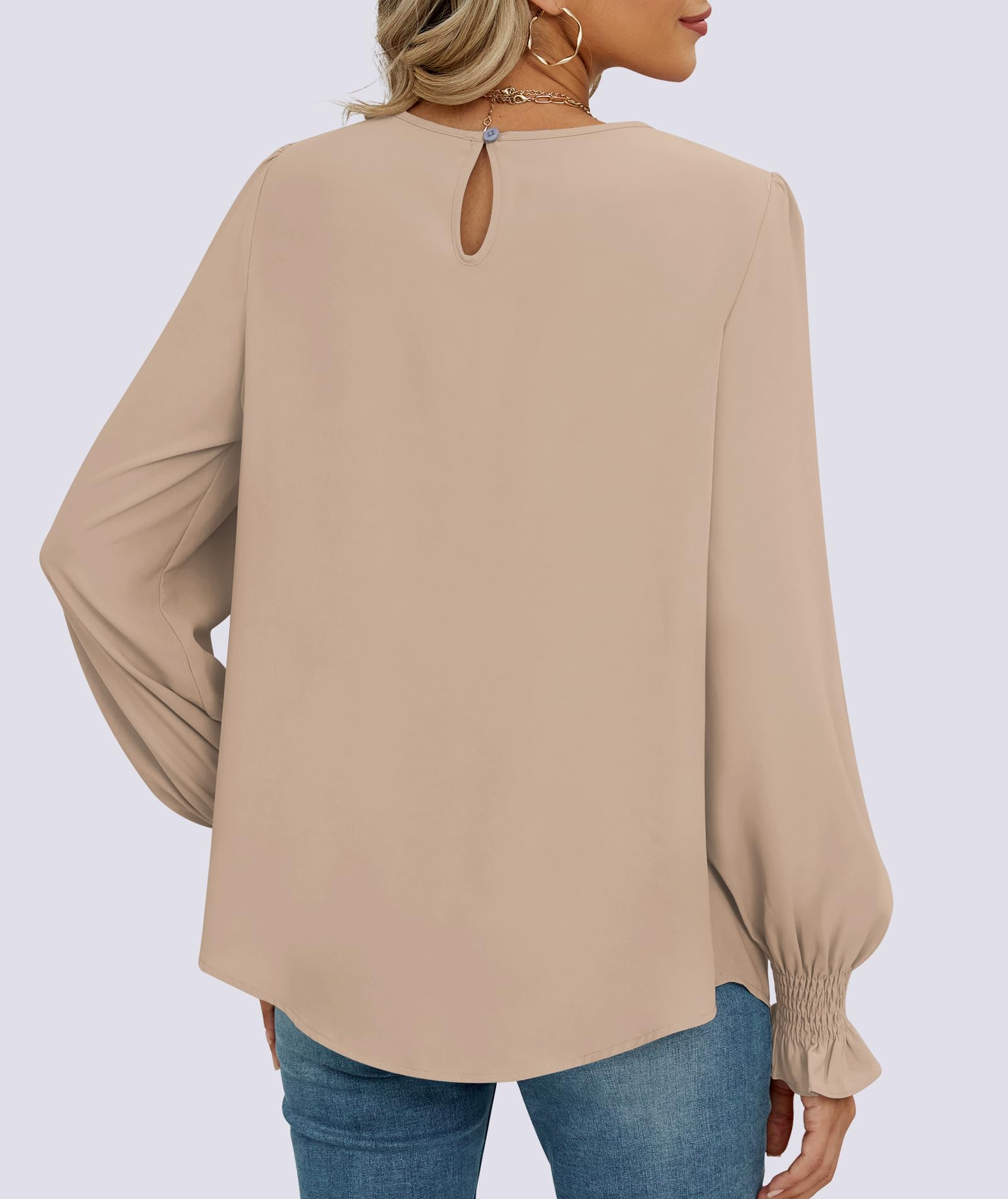 Funlingo Blusas de gasa para mujer, elegantes, informales, fruncidas, de manga larga, plisadas, cuello redondo, holgadas, para otoño de 2025