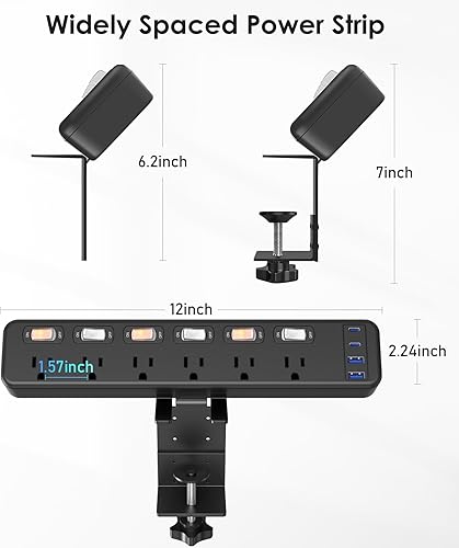 Miniatura 7 de JUNNUJ Clamp Power Strip - Escritorio de pie con USB C de 20 W, protector de sobretensiones de escritorio 2 en 1, salida de montaje en borde con 6