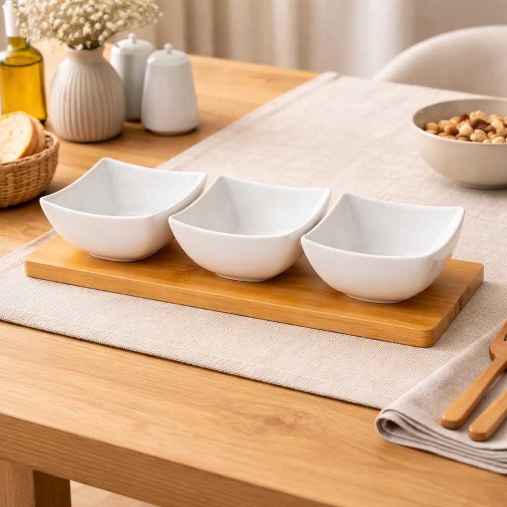 DRULINE Dipschalen Set 4er mit Bambus Tablett  Keramik Schlchen fr Dips,  Tapas & Snacks  Servierschalen klein, splmaschinenfest &  mikrowellengeeignet  Dessert & Snack Schalen : Amazon.de: Kche, Haushalt  & Wohnen