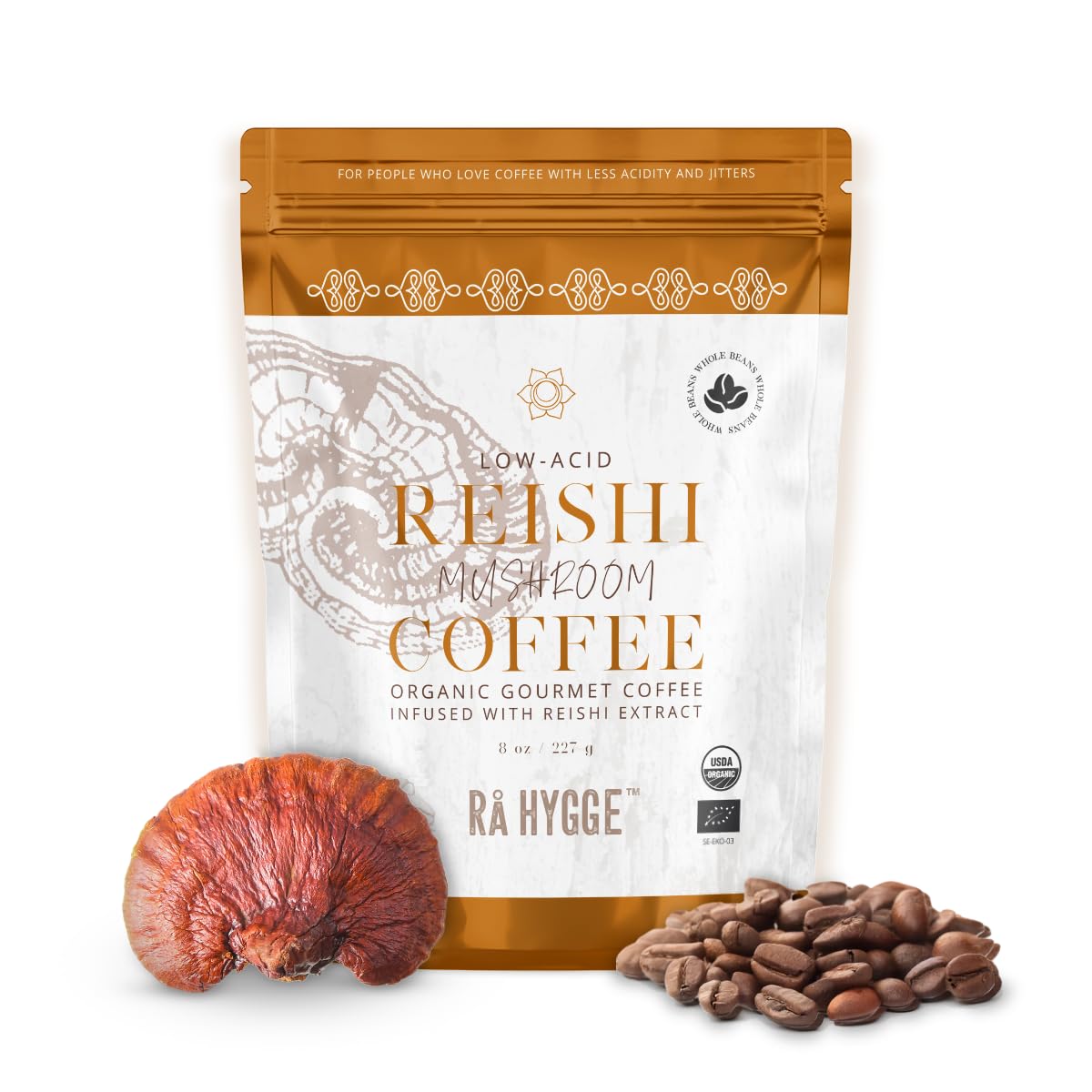 Rå Hygge Specialty Organic Whole Bean Mushroom Coffee with Reishi – For Calm Energy, Relaxation & Balance – Healthy Coffee Alternative, Low-Acid Medium Roast, 8 oz (16 Cups), Roasted in Sweden