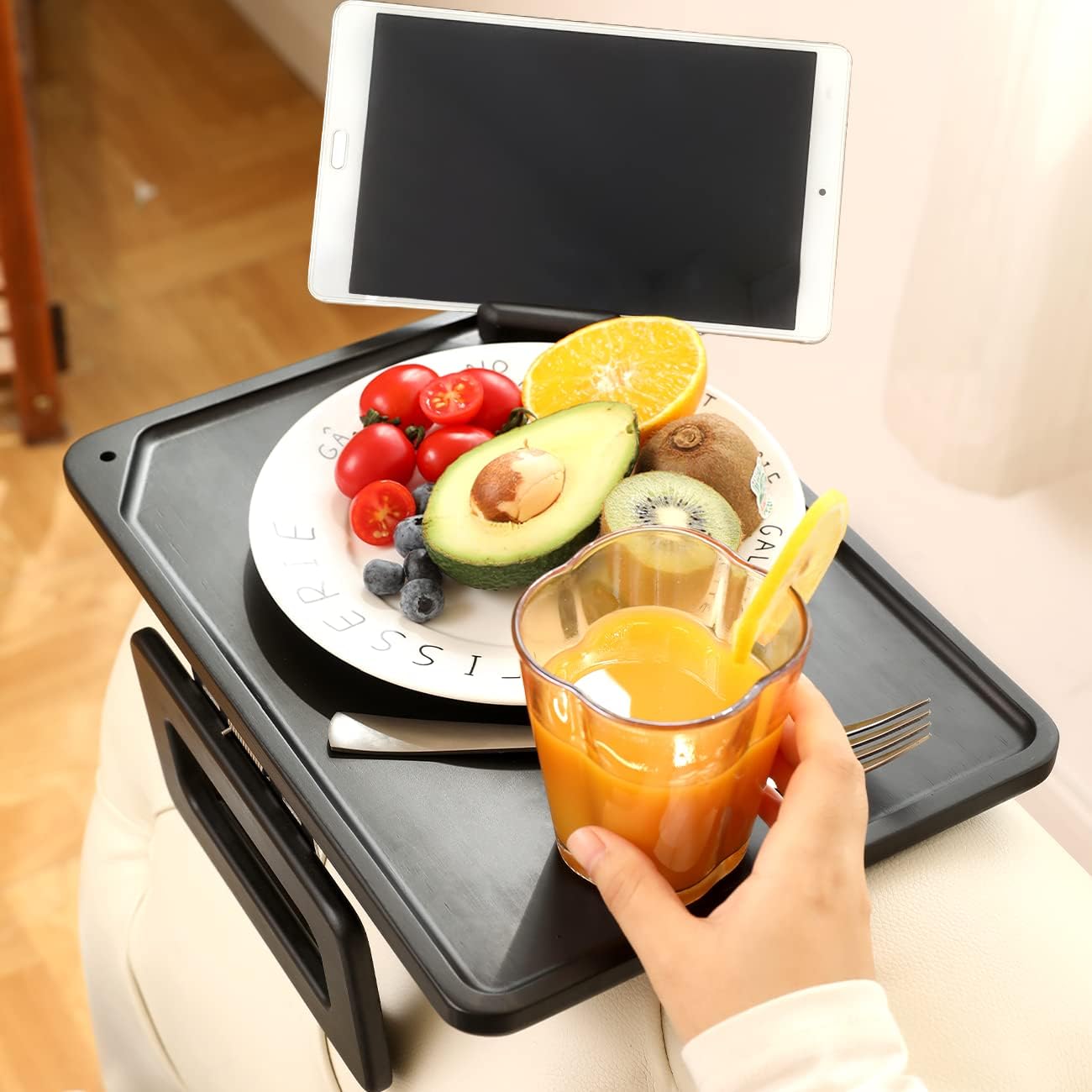 Smatdecis Couch Arm Tray Table Sofa Arm Clip, Armrest Tray Table Suitable for Home Drinks/Fast Food/Fruit Etc, Large Size Multi-Function Black(360° Rotating Stand B)