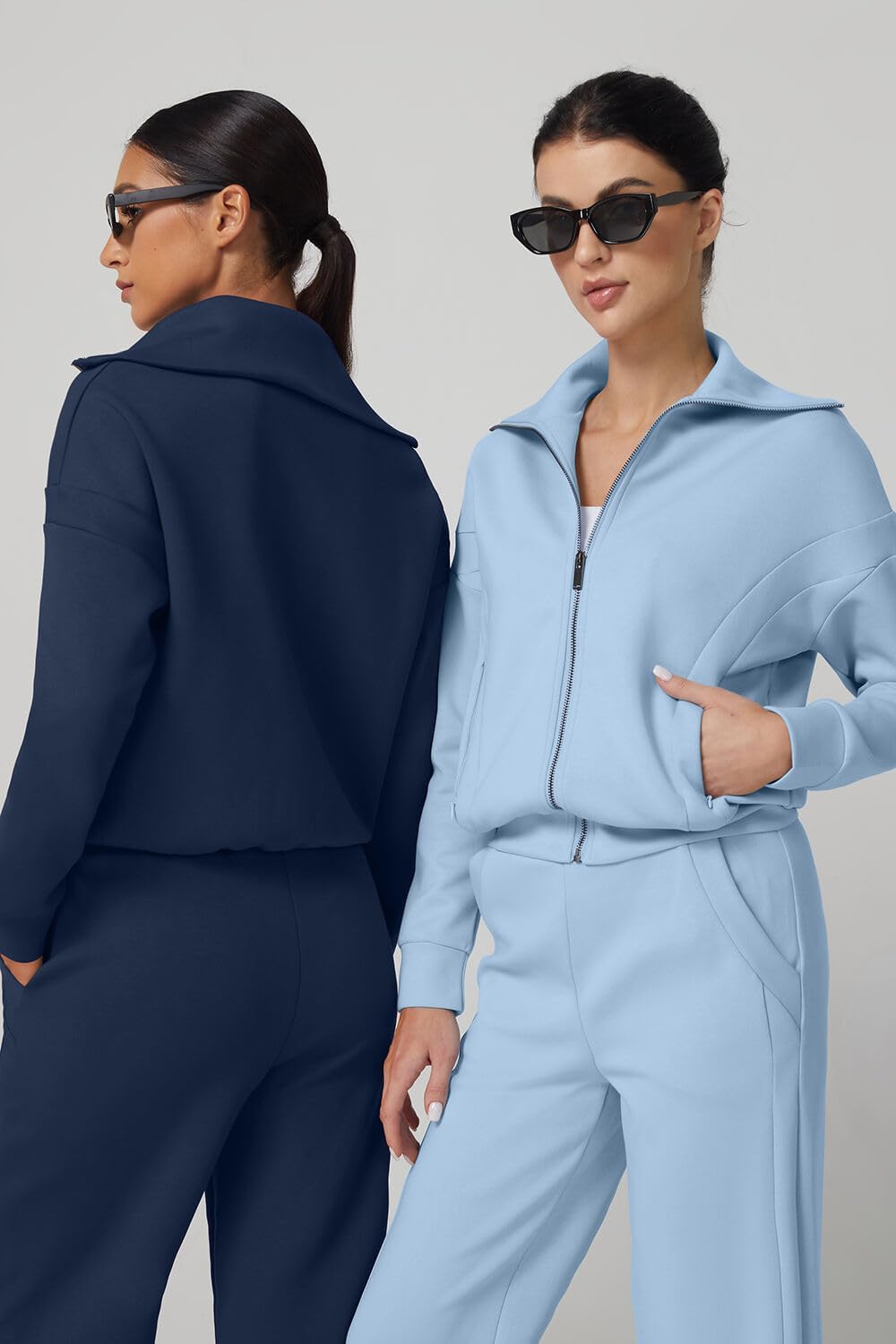 QINSEN Women's Cotton 2 Piece Outfits Lapel Long Sleeve Zip Up Sweatshirt Wide Leg Pants Matching Tracksuit Sets - Image 5