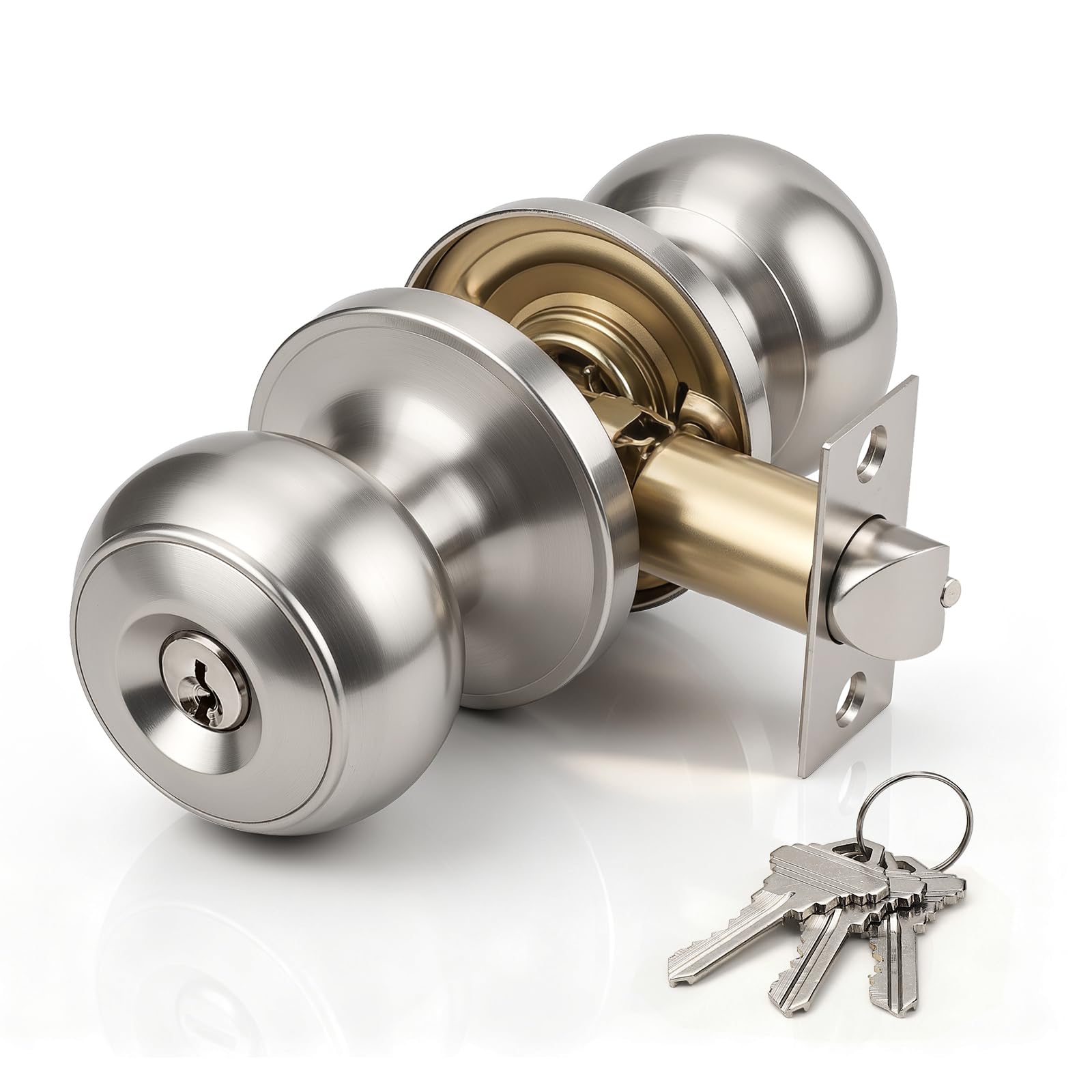 Brotima Round Satin Nickel Entry Knob Set,Keyed Door Knob for Front Entrance Wooden Doors,Door Lock Set with Adjustable Latch (60mm/70mm)