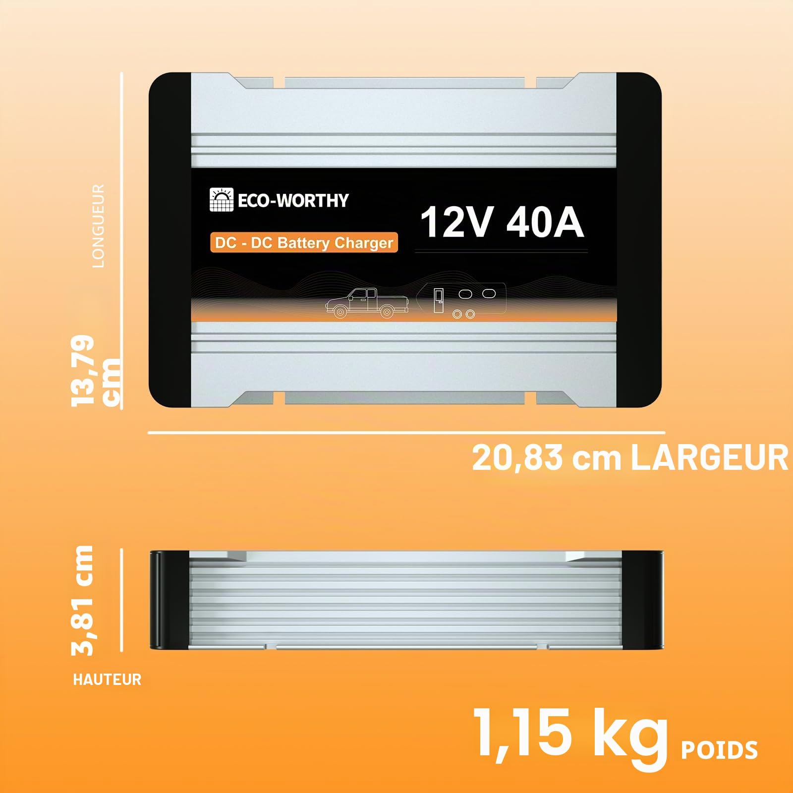Chargeur de batterie ECO-WORTHY 12 V 40 A CC vers CC avec chargeur solaire MPPT intégré LiFePO4 Gel AGM, charge multi-étapes pour alternateur de panneau solaire