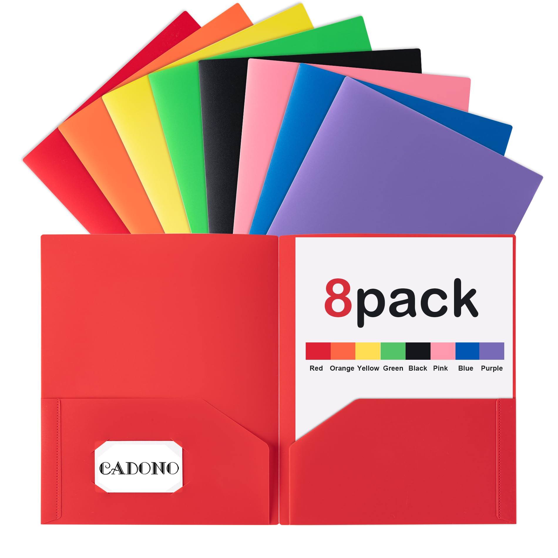 CADONO Plastic Folders with Pockets (8 Pack,Assorted Colors), Durable Heavy Duty File Folders with Business Card Slot, 2-Pocket Folder for Schoolwork
