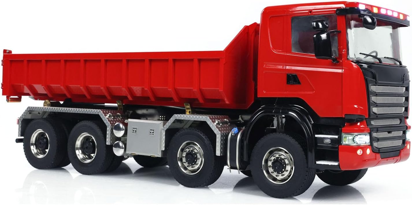 1/14 RC Hydraulic Full Dump Truck 8X8 Roll-Off Dumper Trucks 3-Speed Transmission Standard Bucket Sound Light I6S Radio Controller Differential Lock Axles(Red)