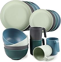 Plastic Crockery Sets (16 Pieces), Lightweight and Unbreakable Complete Set, Plate Set, Bowls, Cups, Dinner Service for 4 People, Ideal for Children and Adults, Reusable