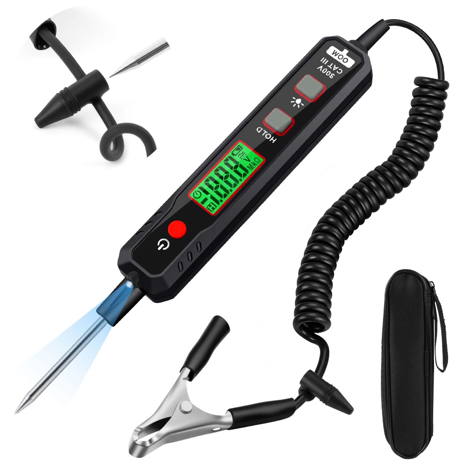 vsshe Smart Circuit Tester, 0.8V-100V DC Voltage Tester with Backlight, Digital Test Light with Flashlight, Spring Wire and Clip, Measures Polarity Continuity, Automotive Fuse Tester for Car Battery