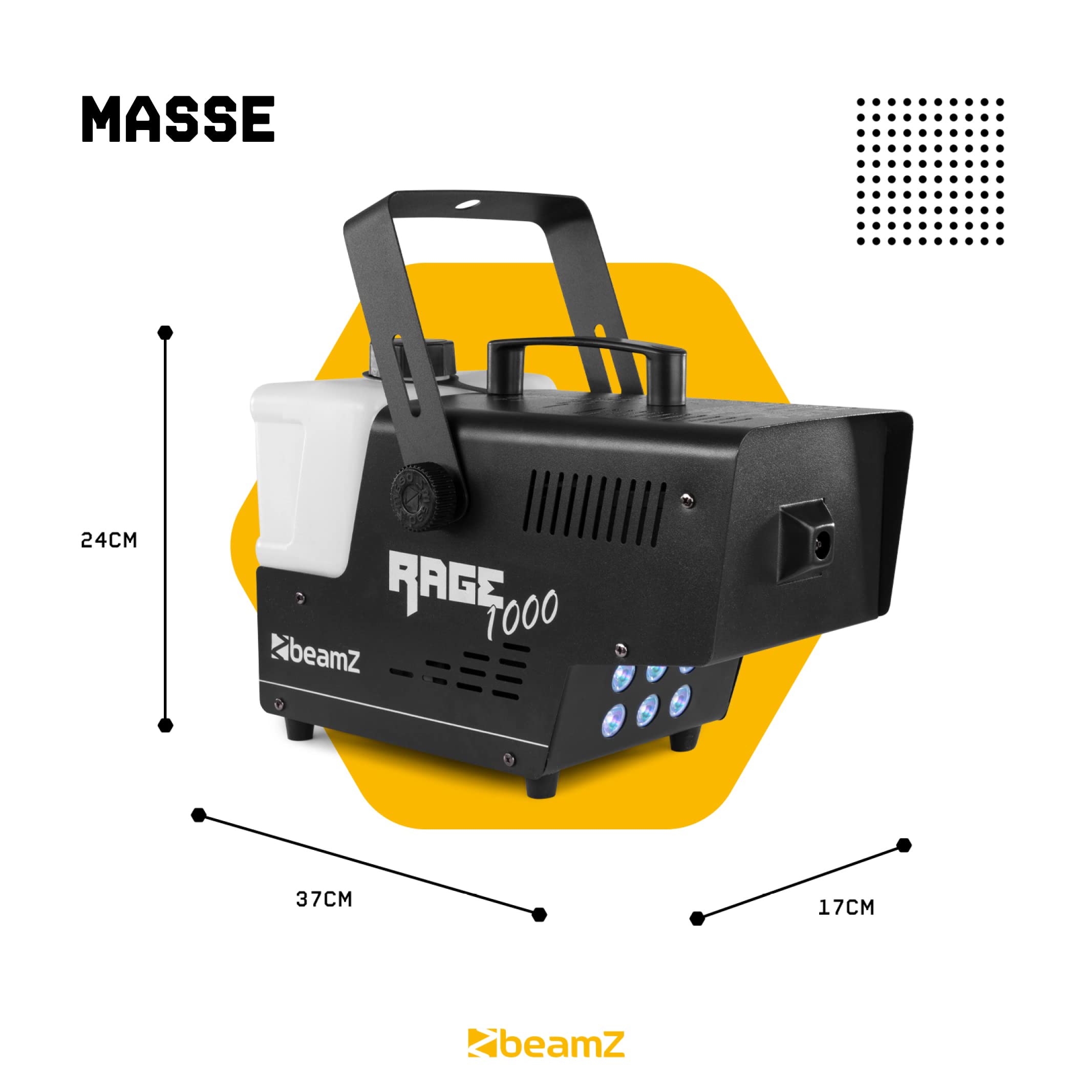 BeamZ RAGE1000LED Nebelmaschine DMX, 1000 Watt Fogger mit Fernbedienung, DMX Rauchmaschine mit Lichteffekt, Intervall Timer Fog Machine, Smoke Machine mit 2 Liter Tank, Partynebel