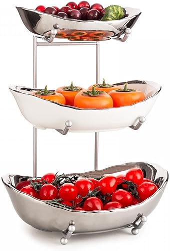 jessie Tazones de frutas de 3 niveles para encimera de cocina, cuenco de frutas de cerámica con estante de metal, cuencos de cocina de porcelana