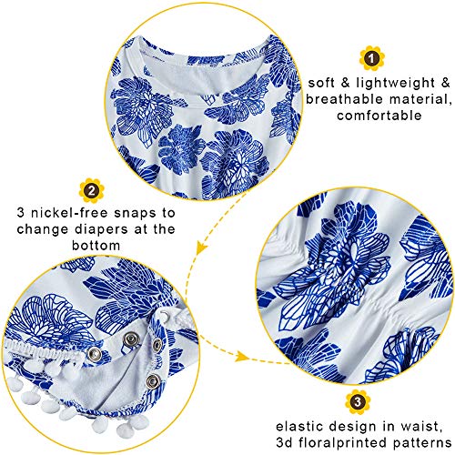 2T Girls Blue And White Flower Onesie For Infants Novelty Chinoiserie Graphics Rompers 2 Years Old Newborn Lace Pom Pom One Piece Playsuits With Tassel Kids Snap Buttons Casual Bodysuits, 18-24 Months #TOP3