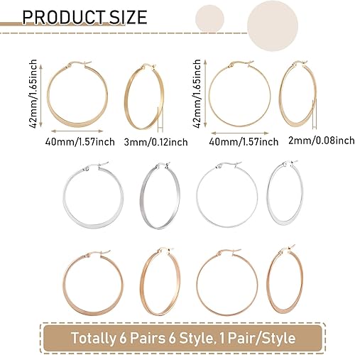 Miniatura 2 de Craftdady Juego de 6 pares de aretes de aro de acero de titanio, 6 estilos, planos, grandes, redondos, palancas abiertas, aretes tipo huggie para