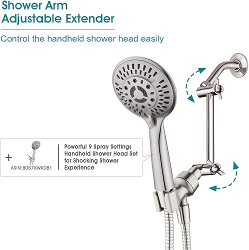 Miniatura 4 de BRIGHT SHOWERS Juego de regadera de mano de 9 ajustes de pulverización de alta presión con brazo de extensión de cabezal de ducha de 5 pulgadas,