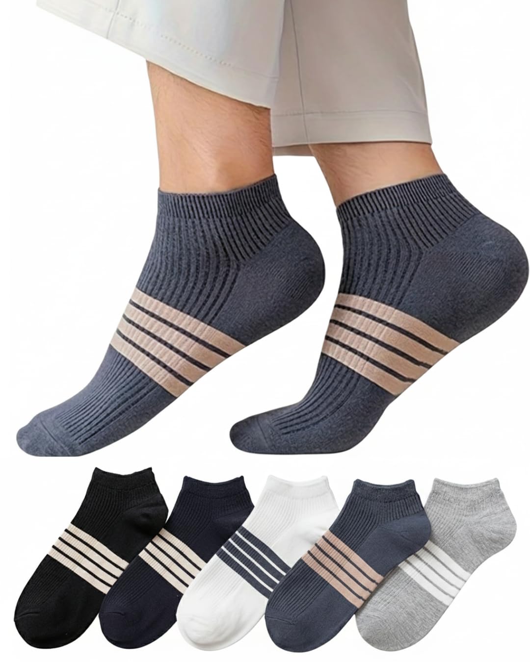 rozzyblue Athletic No-Show Socks, 5 Pairs, Cotton Blend with Stripe Design, Multicolour-picture-18
