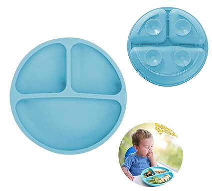 Refor Silicone Suction Divided Plates for Babies, Kids, Toddlers - Microwave & Dishwasher Safe Baby Feeding Plates - BPA Free Silicon Stay Put Design for Mess-Free Food (Blue)