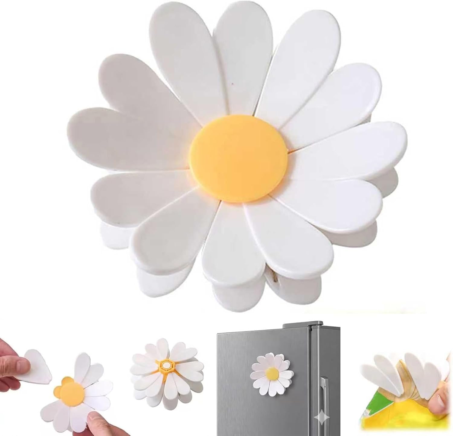 Cherry-Shaped Magnetic Food Clip & Fridge Magnet, 6-Petaled Daisy Chip, Cute Flower Pink Bag Set, 3D Flower Decorative Fridge Magnets for Holds Notes,Recipes,Lists,Photos (White)