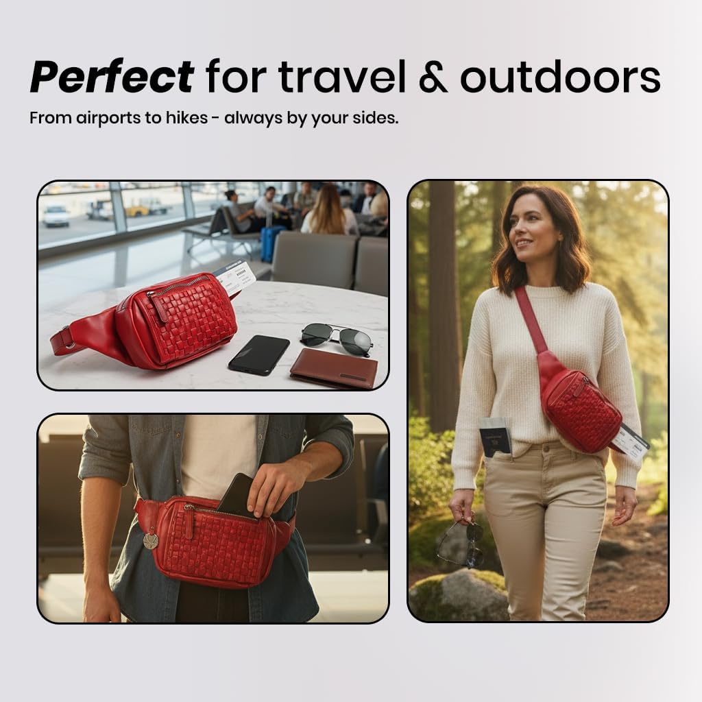 Genuine Leather Waist Bag Unisex, Waist Bag for Travel Trendy Casual Travelling Essentials Kept Bag Stylish, Durable, and Secure Travel Companion(VL-094-RED)