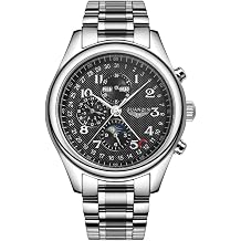 GUANQIN Men Multifunctional Automatic Self-Wind Mechanical Watch Sapphire Crystal Business Moon Phase Perpetual Calendar Waterproof Clock Man Stainless Steel or Leather Strap Wristwatch