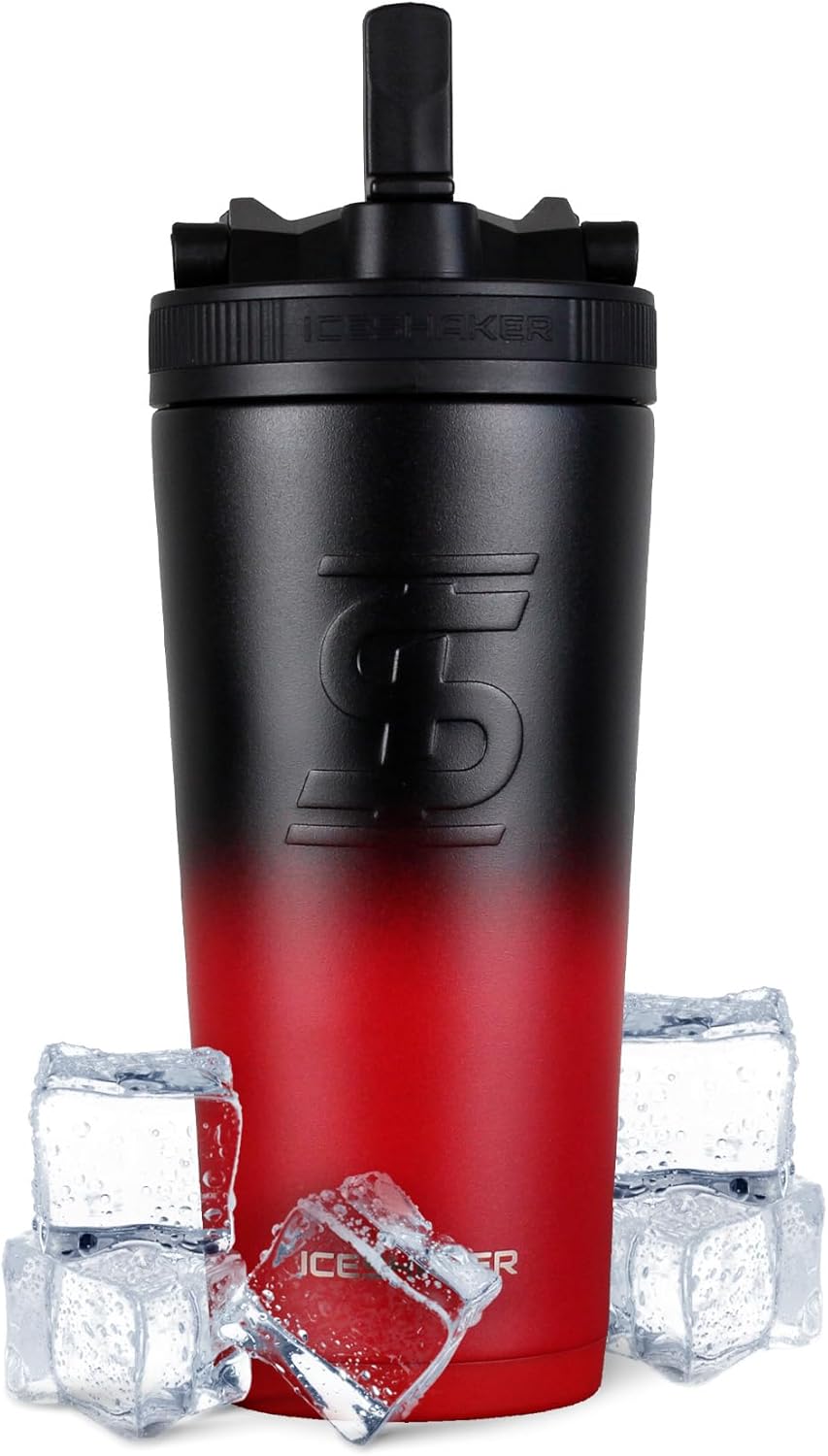 Ice Shaker Insulated Stainless Steel Sports Bottle | 26 oz, Red and black | Stays Cold for 30+ Hours | Flip Up Sport Straw | Odor-Free Bottle for Protein Shakes, Water, Intra-Workout